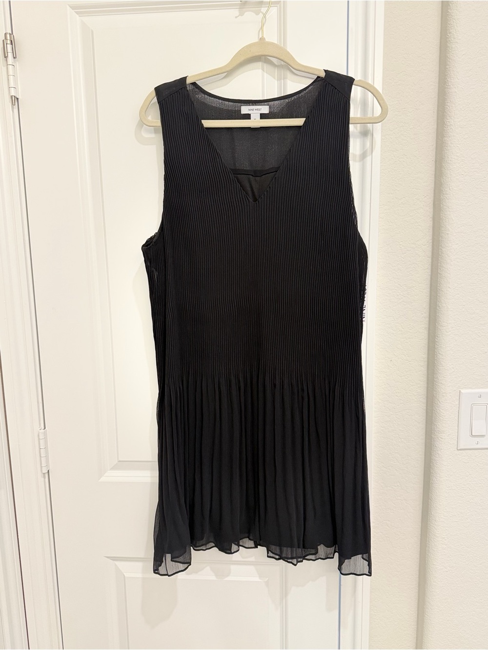 Nine West Black Pleated V-Neck Mini Dress